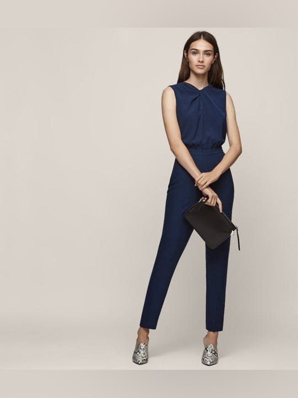 Reiss Leoni Twist-Front Navy Jumpsuit Size 2 Sleeveless Tailored Waist Slim leg